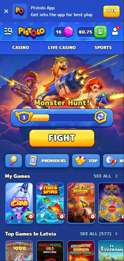 Pistolo Casino mobile browser view