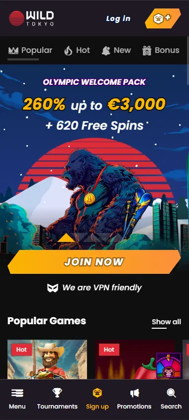 Wild Tokyo Casino mobile browser view